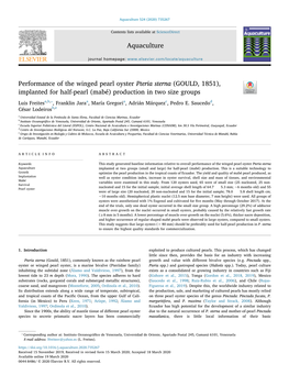 Performance of the Winged Pearl Oyster Pteria Sterna