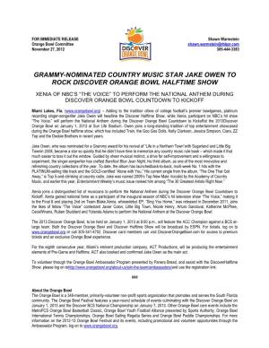 Grammy-Nominated Country Music Star Jake Owen to Rock Discover Orange Bowl Halftime Show