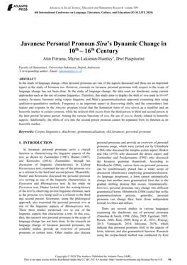 Javanese Personal Pronoun Sira's Dynamic Change In