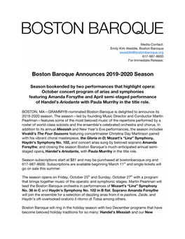 Boston Baroque Announces 2019-2020 Season