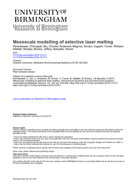 University of Birmingham Mesoscale Modelling of Selective Laser Melting