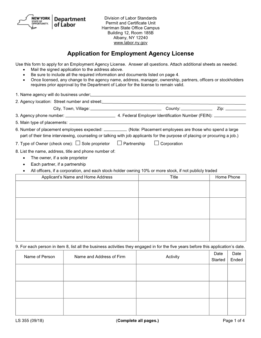 Application for Employment Agency License