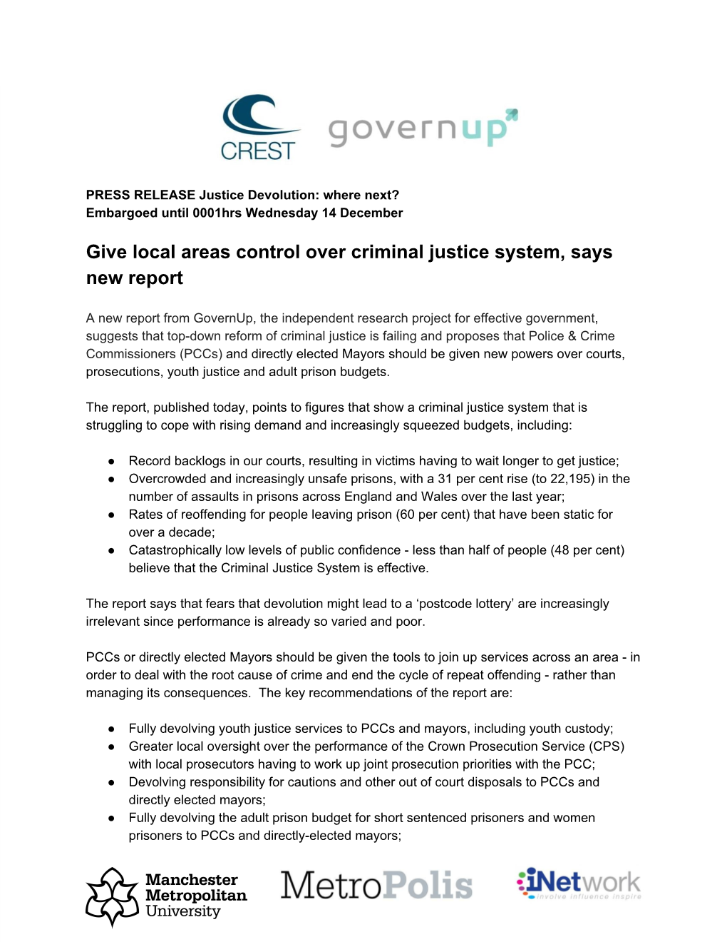 Give Local Areas Control Over Criminal Justice System, Says New Report