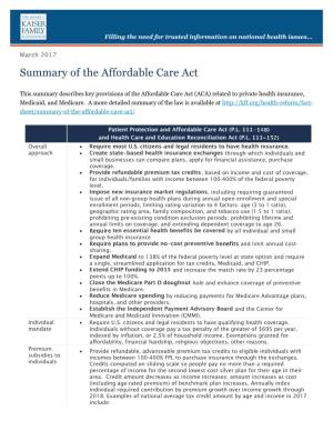 Summary of the Affordable Care Act