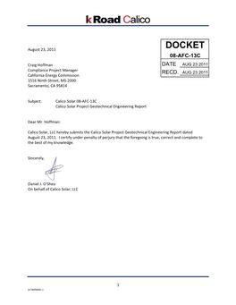 DOCKET � 08-AFC-13C � Craig�Hoffman� DATE AUG 23 2011 Compliance�Project�Manager� RECD