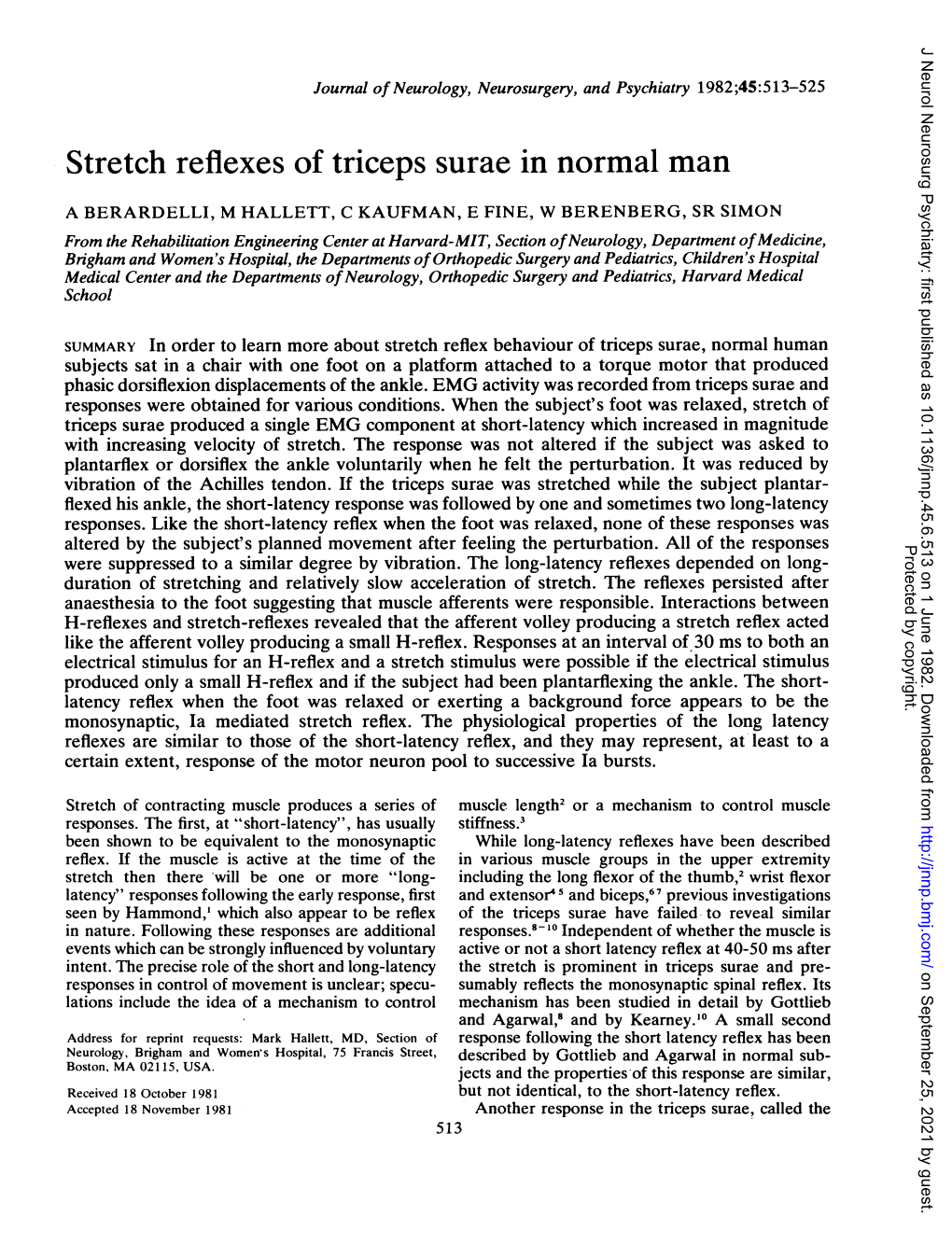 Stretch Reflexes of Triceps Surae in Normal Man