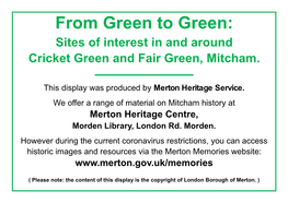 From Green to Green: Sites of Interest in and Around Cricket Green and Fair Green, Mitcham
