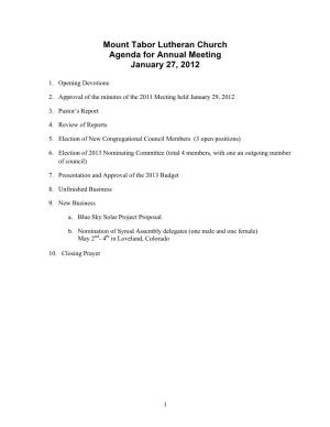 Mount Tabor Lutheran Church Agenda for Annual Meeting January 27, 2012