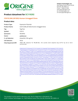 COX10 (NM 001303) Human Untagged Clone Product Data