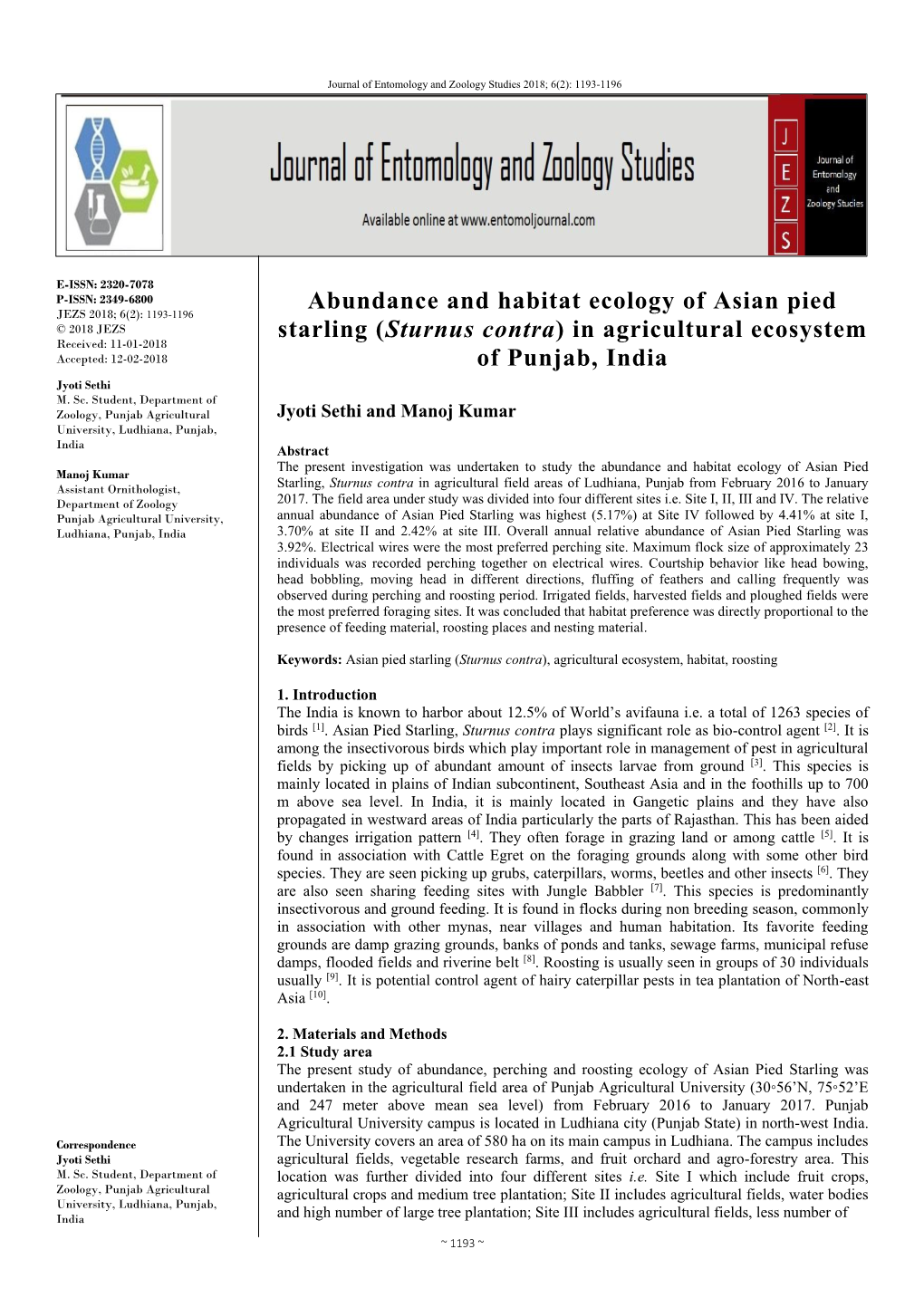 Abundance and Habitat Ecology of Asian Pied Starling (Sturnus Contra) in Agricultural Ecosystem of Punjab, India