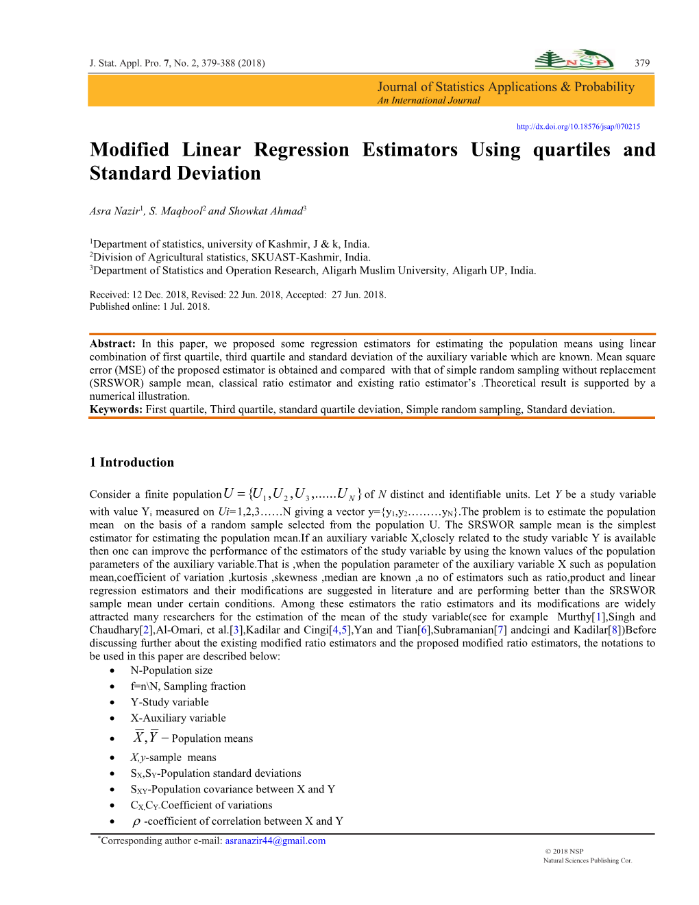 Modified Linear Regression Estimators Using Quartiles and Standard Deviation -.:: Natural Sciences Publishing