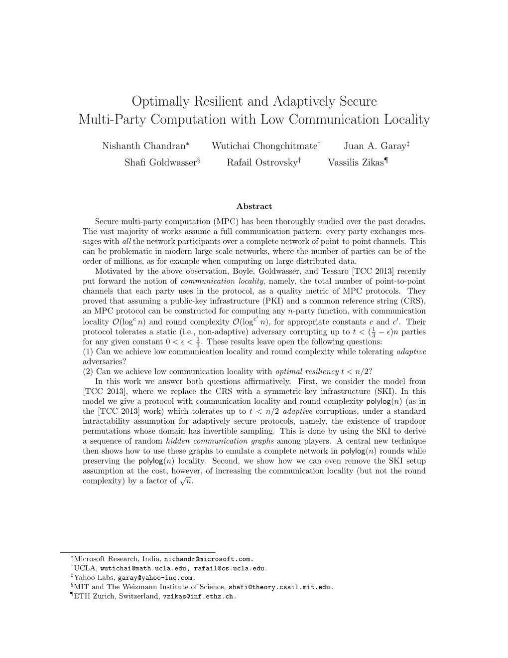 Optimally Resilient and Adaptively Secure Multi-Party Computation with Low Communication Locality