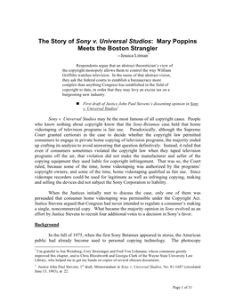 The Story of Sony V. Universal Studios: Mary Poppins Meets the Boston Strangler --Jessica Litman*