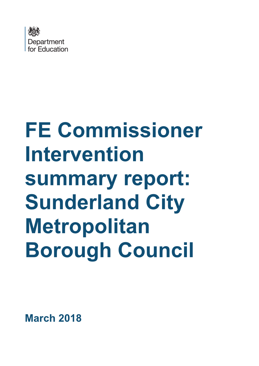 FE Commissioner Intervention Summary Report to Sunderland City