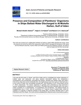 Presence and Composition of Planktons' Organisms in Ships Ballast Water Discharged in Al-Mukalla Harbor, Gulf of Aden