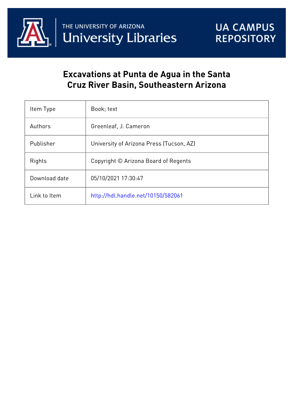 Excavations at Punta De Agua in the Santa Cruz River Basin, Southeastern Arizona