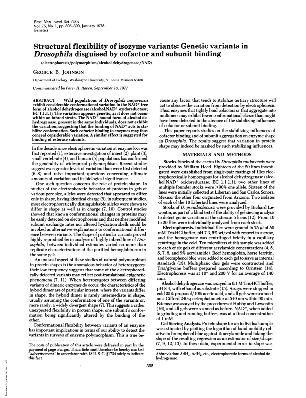 Genetic Variants in Drosophila Disguised by Cofactor and Subunit Binding (Electrophoresis/Polymorphism/Alcohol Dehydrogenase/NAD) GEORGE B