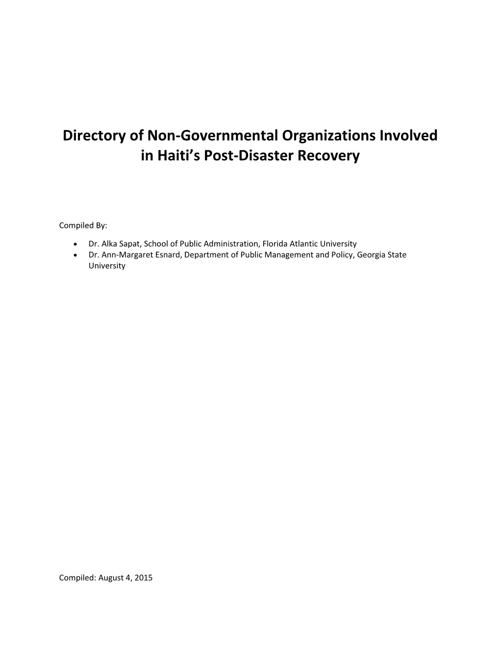 Directory of Non-Governmental Organizations Involved in Haiti's