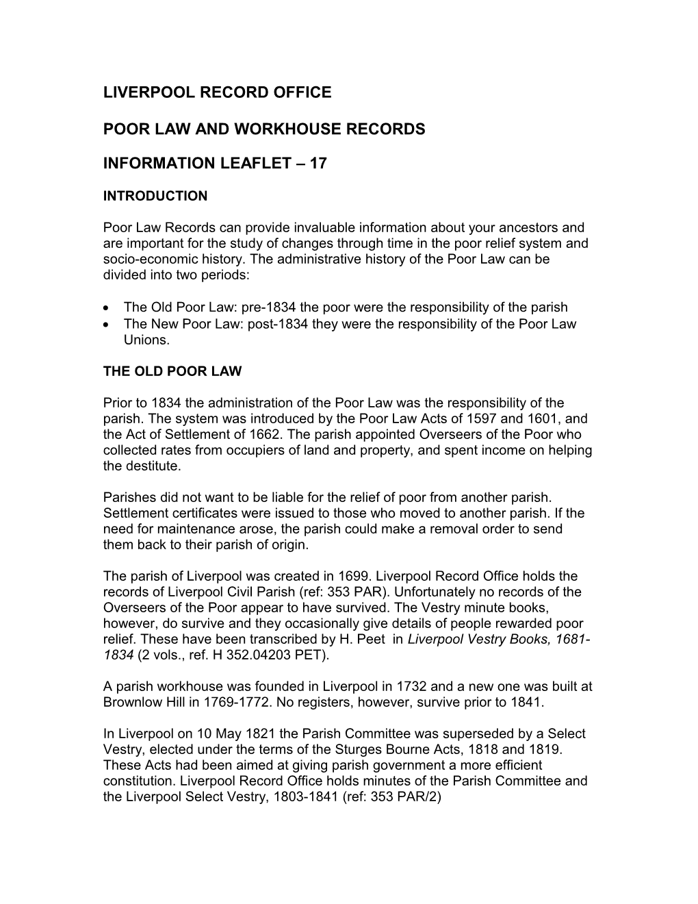 Poor Law and Workhouse Records