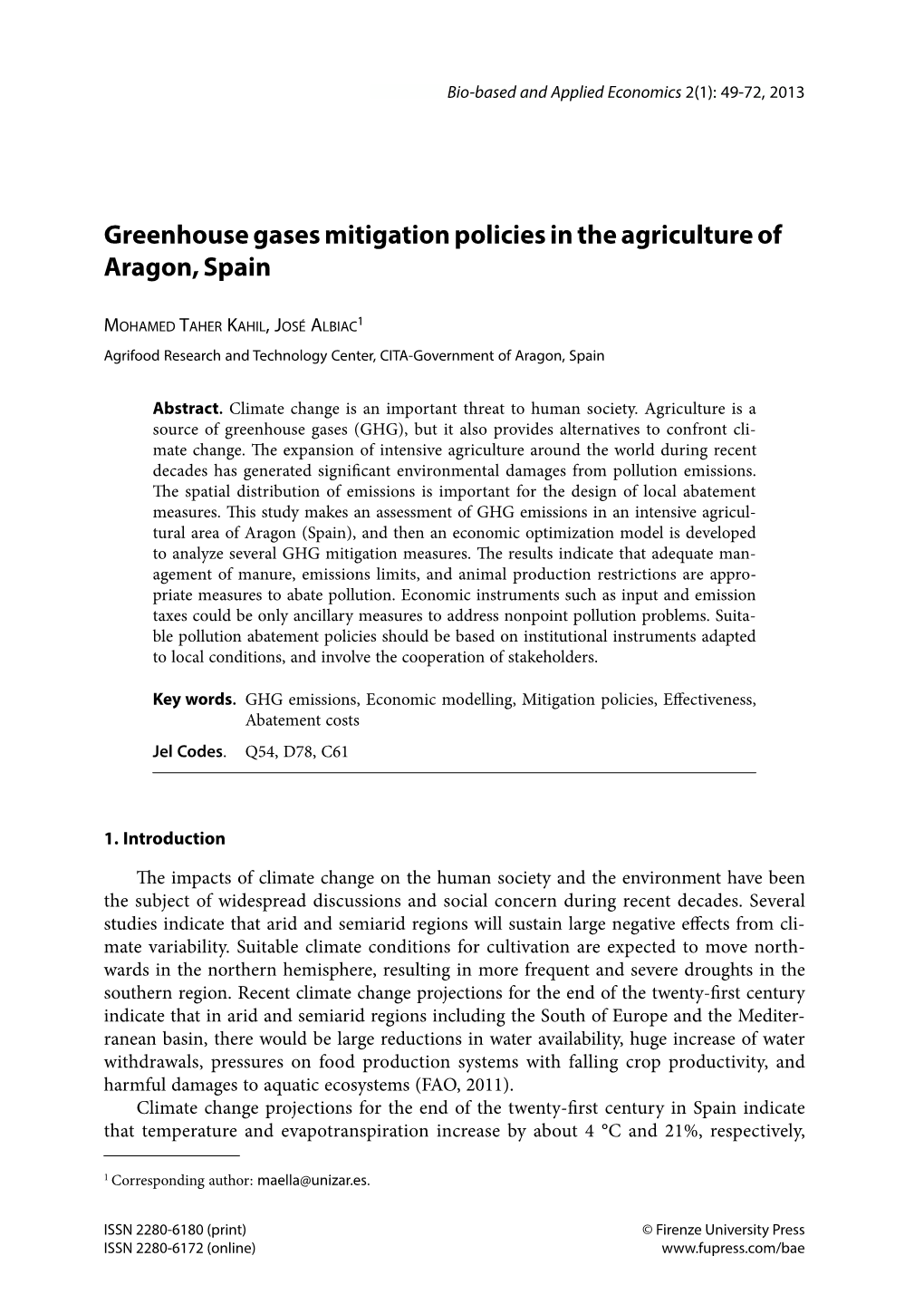 Greenhouse Gases Mitigation Policies in the Agriculture of Aragon, Spain