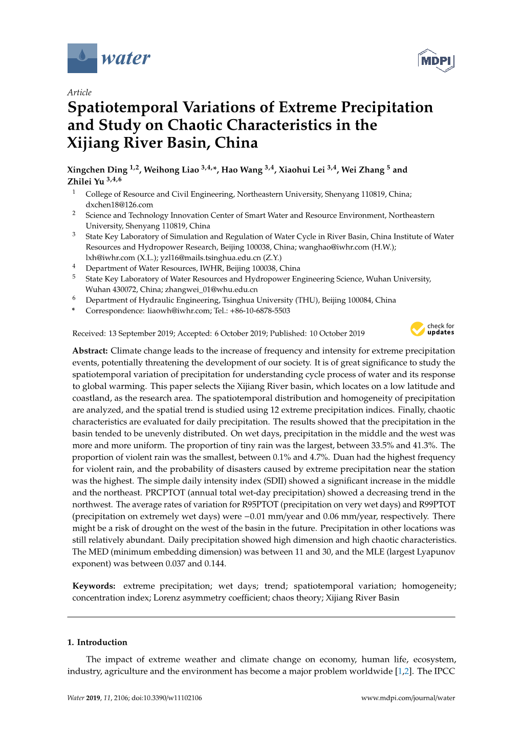 Spatiotemporal Variations of Extreme Precipitation and Study on Chaotic Characteristics in the Xijiang River Basin, China