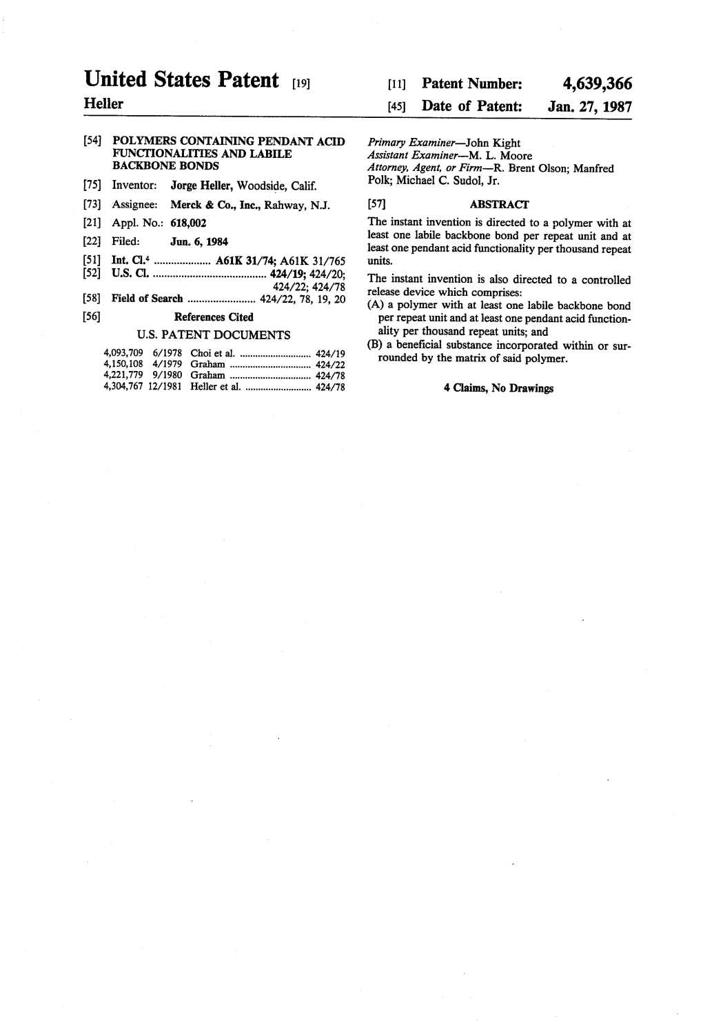 United States Patent 19 11) Patent Number: 4,639,366 Heller (45) Date of Patent: Jan