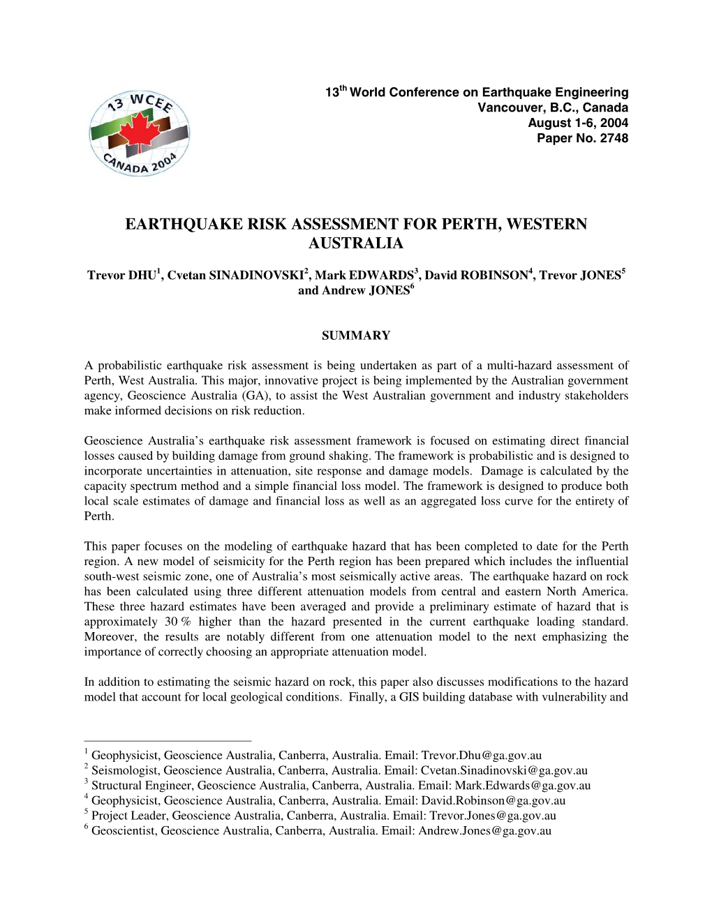 Earthquake Risk Assessment for Perth, Western Australia