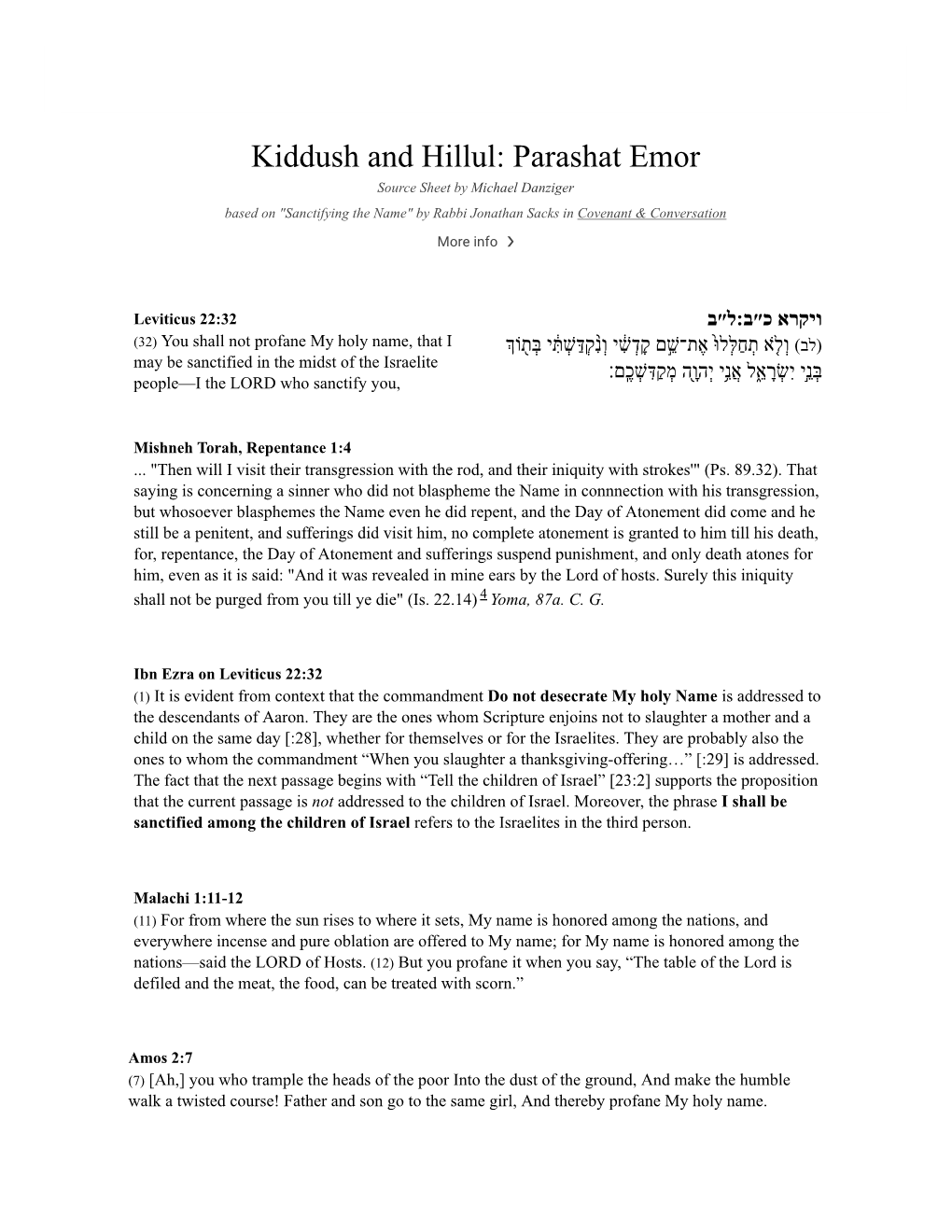 Kiddush and Hillul: Parashat Emor Source Sheet by Michael Danziger Based on "Sanctifying the Name" by Rabbi Jonathan Sacks in Covenant & Conversation