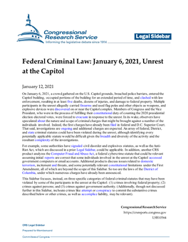 Federal Criminal Law: January 6, 2021, Unrest at the Capitol