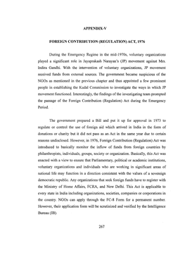 APPENDIX-V FOREIGN CONTRIBUTION (REGULATION) ACT, 1976 During the Emergency Regime in the Mid-1970S, Voluntary Organizations