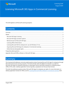 Contents Summary Licensing Microsoft 365 Apps in Commercial