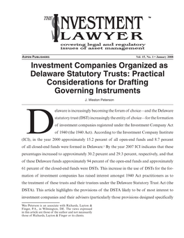Investment Companies Organized As Delaware Statutory Trusts: Practical Considerations for Drafting Governing Instruments