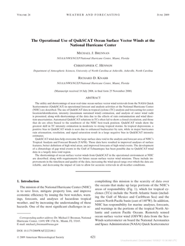 The Operational Use of Quikscat Ocean Surface Vector Winds at the National Hurricane Center