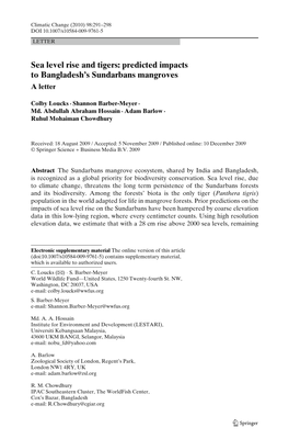 Sea Level Rise and Tigers: Predicted Impacts to Bangladesh’S Sundarbans Mangroves a Letter