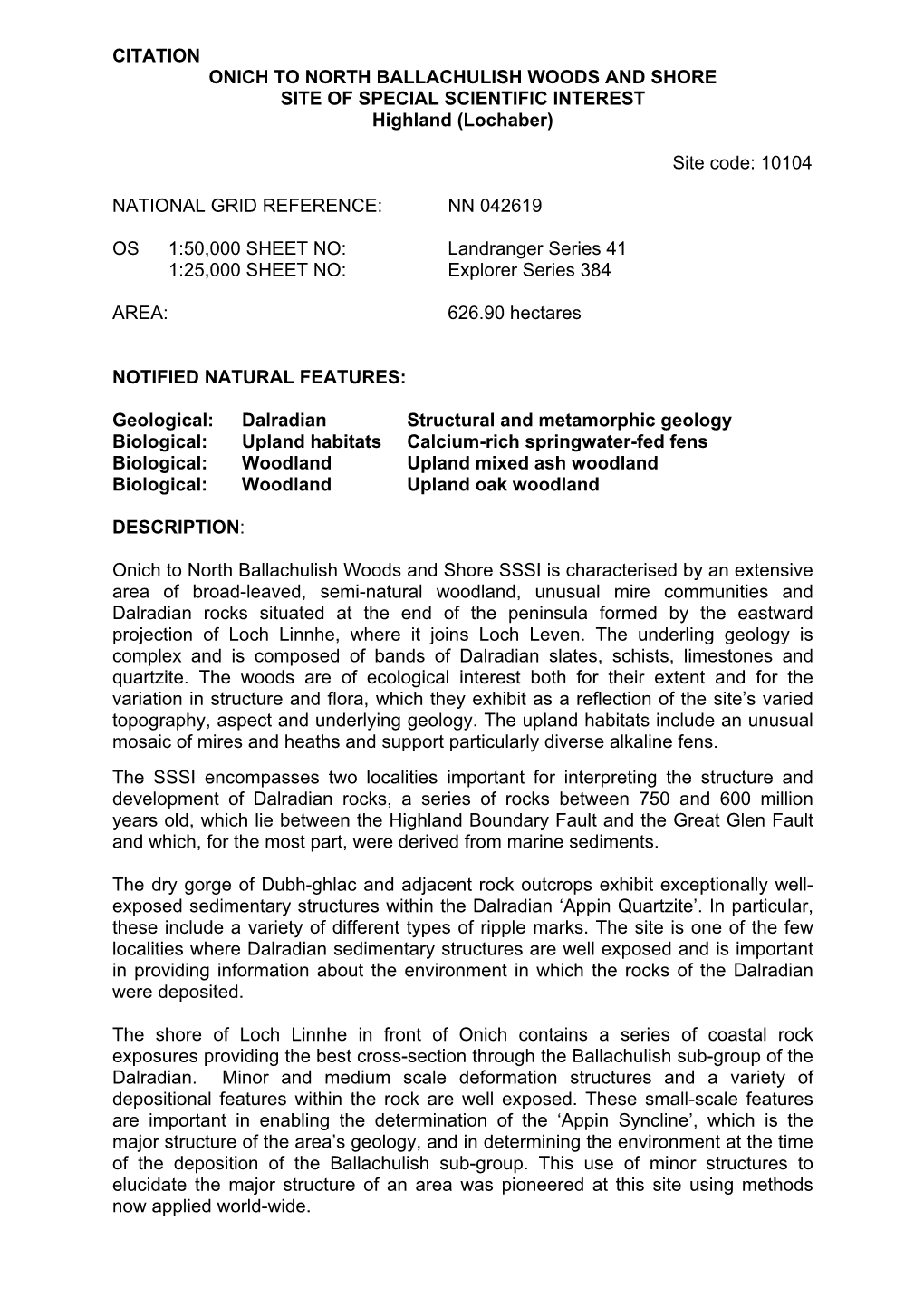 CITATION ONICH to NORTH BALLACHULISH WOODS and SHORE SITE of SPECIAL SCIENTIFIC INTEREST Highland (Lochaber)