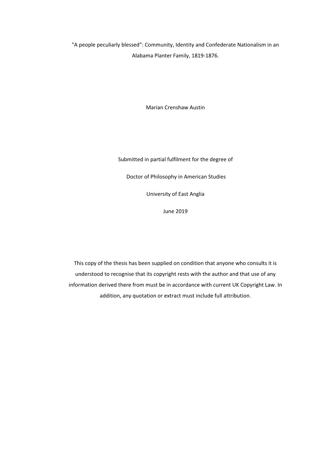 Community, Identity and Confederate Nationalism in an Alabama Planter Family, 1819-1876