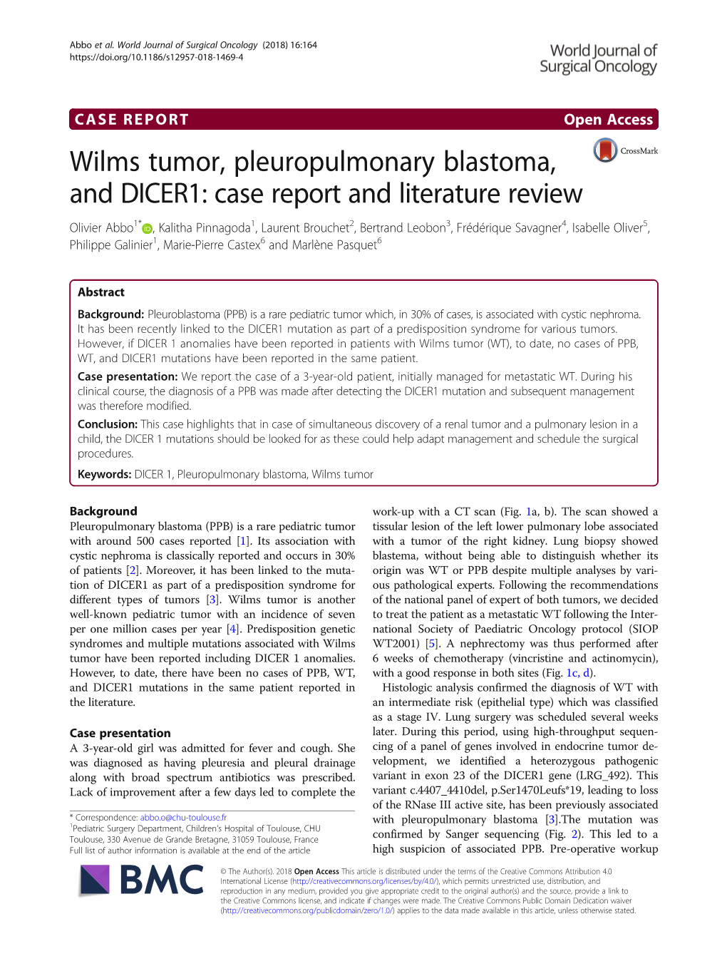 Wilms Tumor, Pleuropulmonary Blastoma, and DICER1: Case Report