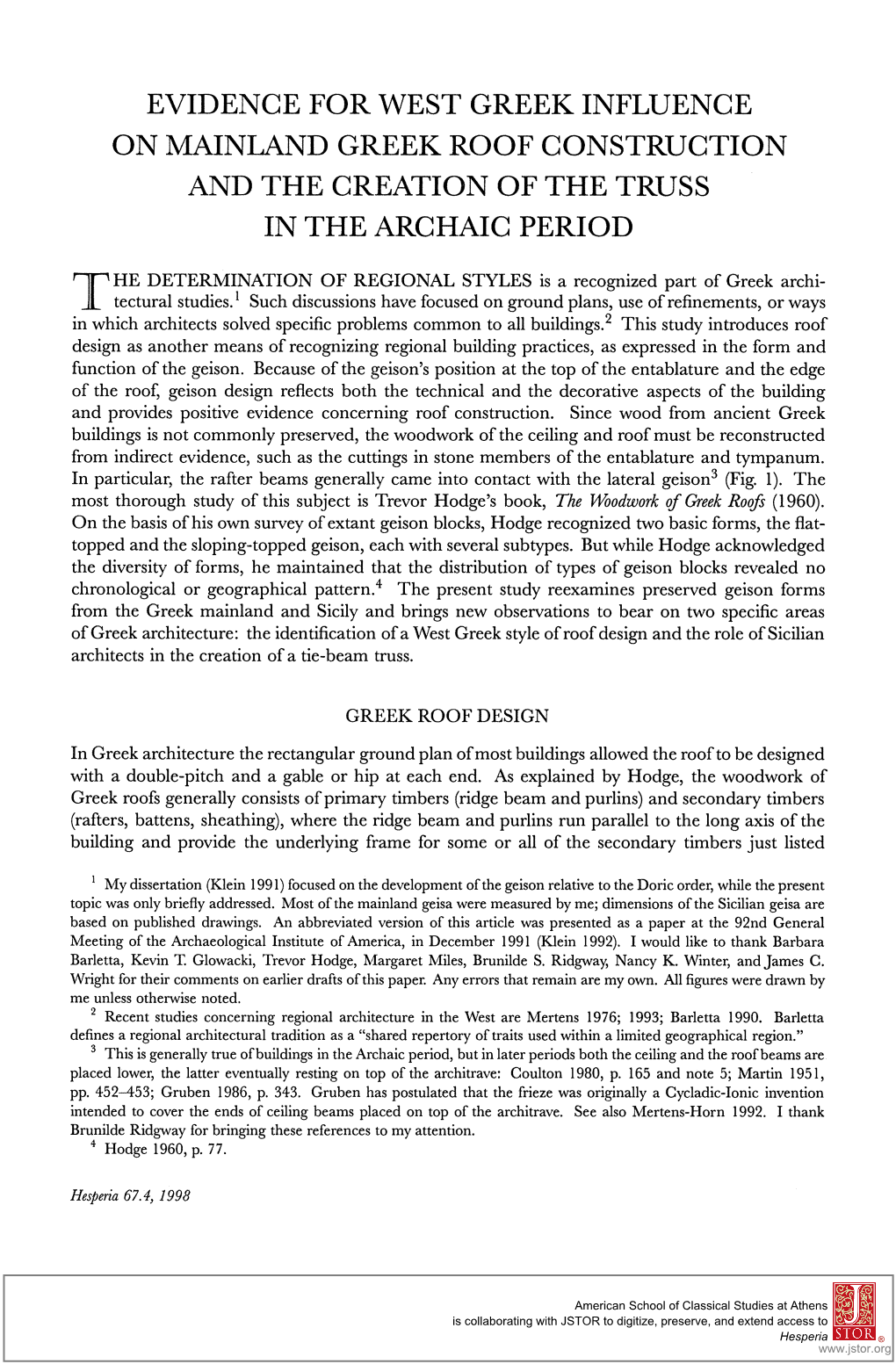 Evidence for West Greek Influence on Mainland Greek Roof Construction and the Creation of the Truss in the Archaic Period