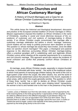 Mission Churches and African Customary Marriage