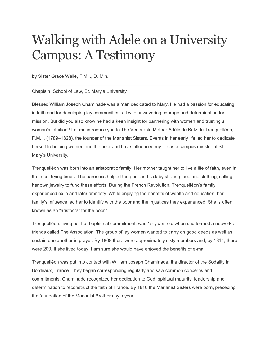 Walking with Adele on a University Campus: a Testimony by Sister Grace Walle, F.M.I., D