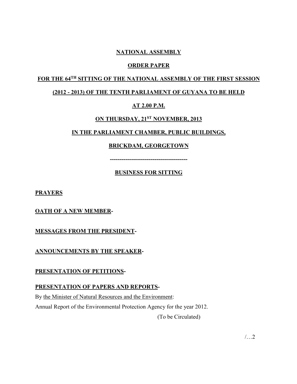 National Assembly Order Paper for the 64Th Sitting