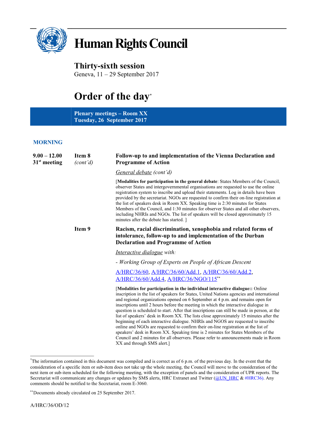 Order of the Day, Tuesday, 26 September 2017