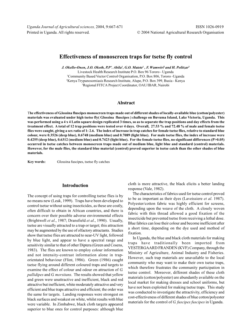 Effectiveness of Monoscreen Traps for Tsetse Fly Control