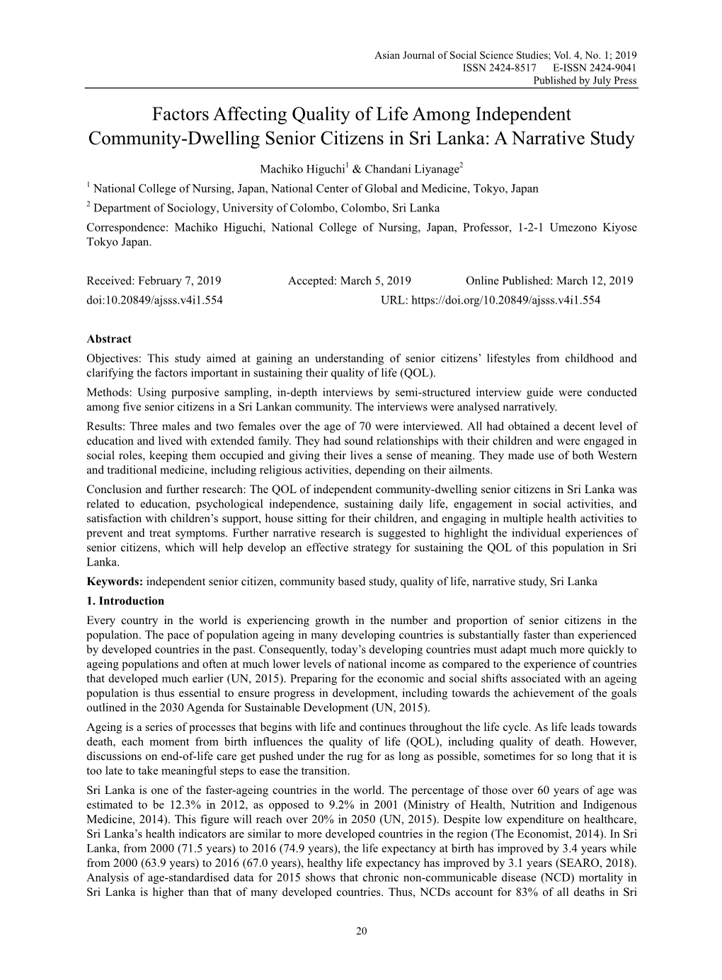 Factors Affecting Quality of Life Among Independent Community-Dwelling Senior Citizens in Sri Lanka: a Narrative Study