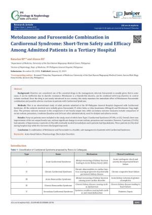 Metolazone and Furosemide Combination in Cardiorenal Syndrome: Short-Term Safety and Efficacy Among Admitted Patients in a Tertiary Hospital