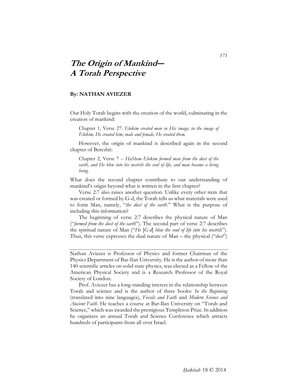 The Origin of Mankind― a Torah Perspective