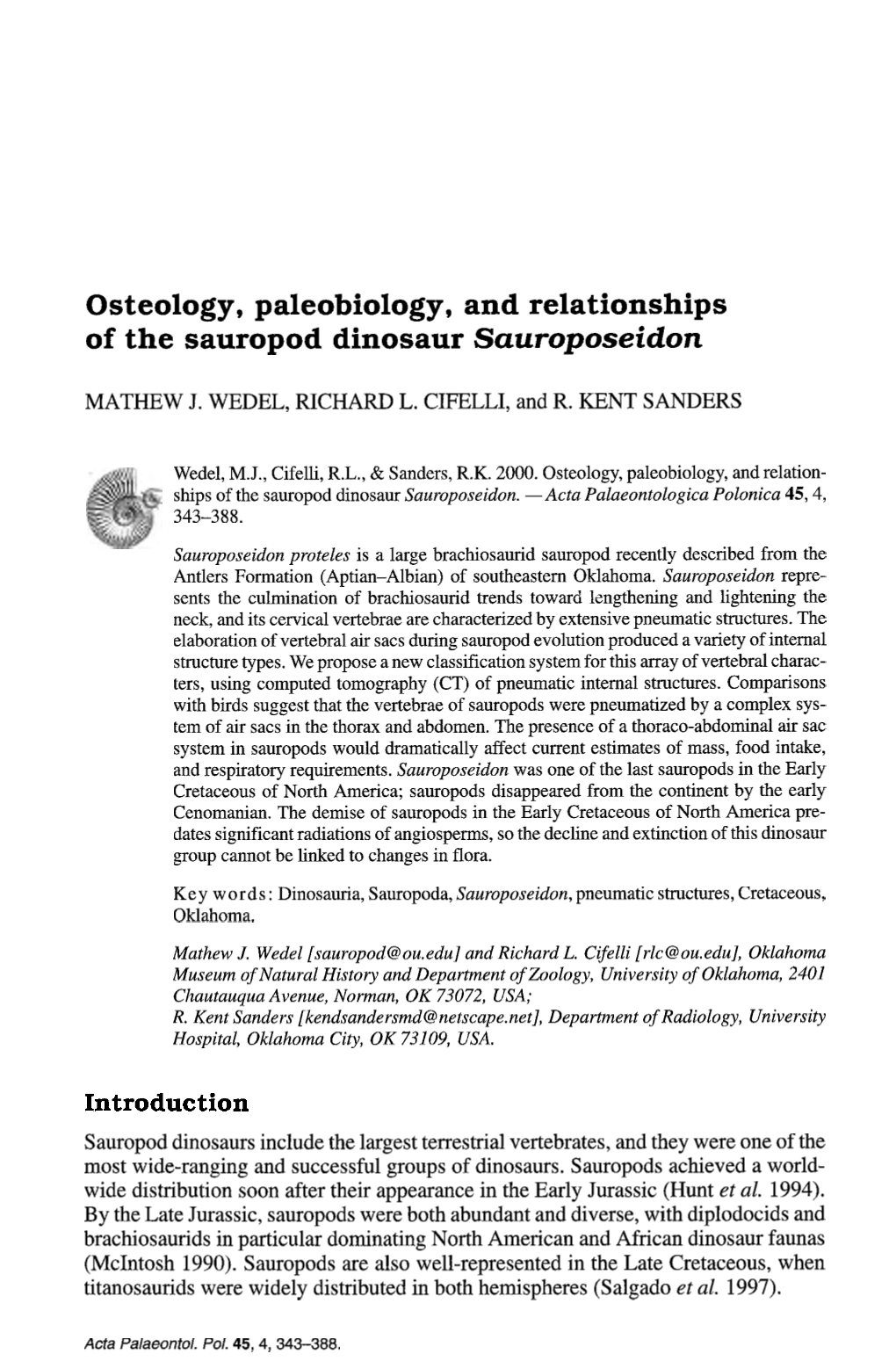 Osteology, Paleobiology, and Relationships of the Sauropod Dinosaur Sauroposeidon