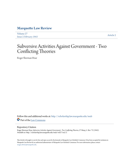 Subversive Activities Against Government - Two Conflicting Theories Roger Sherman Hoar