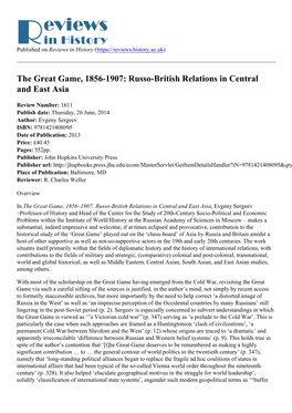 The Great Game, 1856-1907: Russo-British Relations in Central and East Asia
