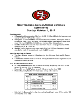 San Francisco 49Ers at Arizona Cardinals Game Notes Sunday, October 1, 2017